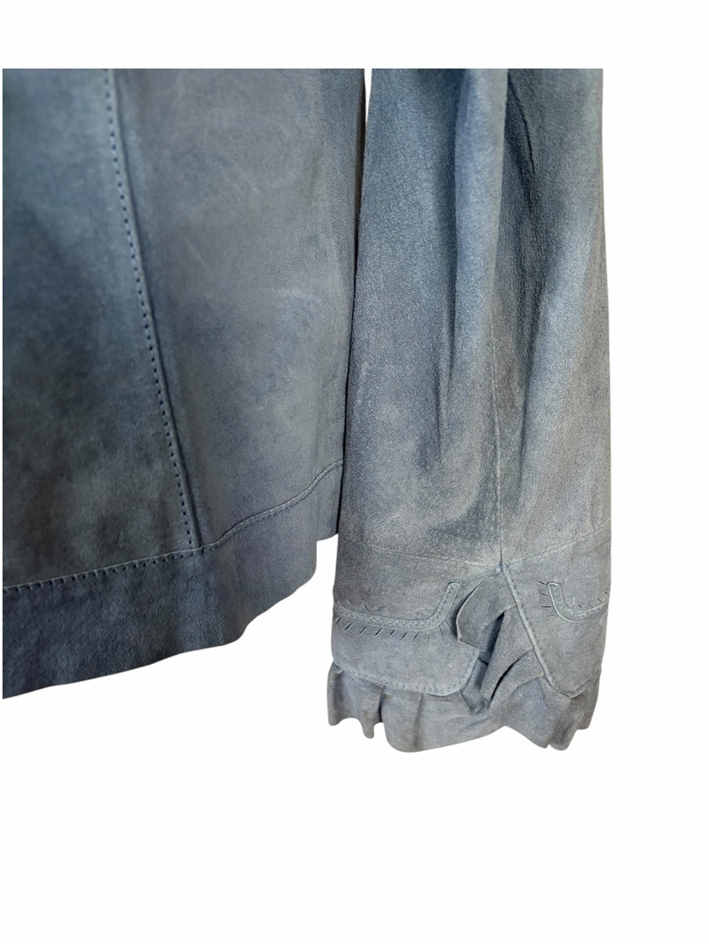 Light Blue Gray Suede Button-Front Jacket with Ruffle Trim - Picture 4 of 7